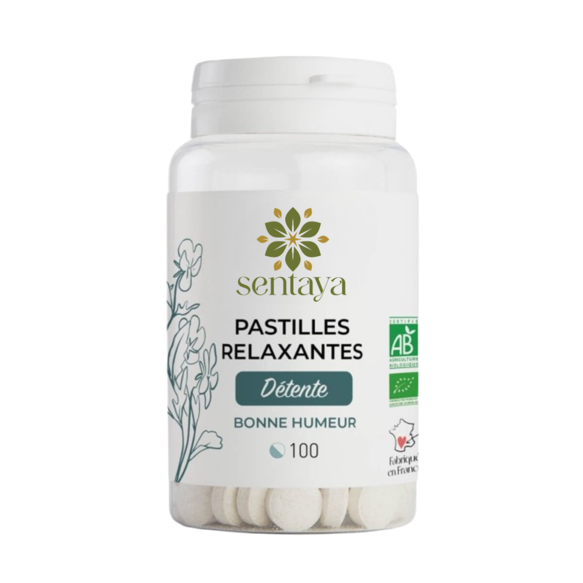 Pastilles relaxantes Sentaya – détente, bonne humeur, anti-stress naturel, bio, flacon de 100 pastilles