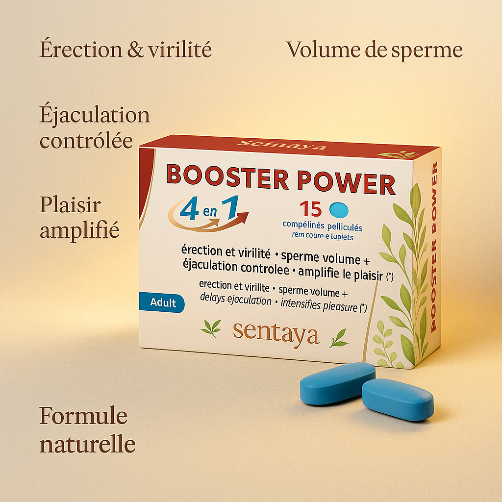 Boîte du complément alimentaire Booster Power de Sentaya, 15 comprimés naturels pour soutenir l’érection, le volume de sperme, l’éjaculation maîtrisée et le plaisir masculin.