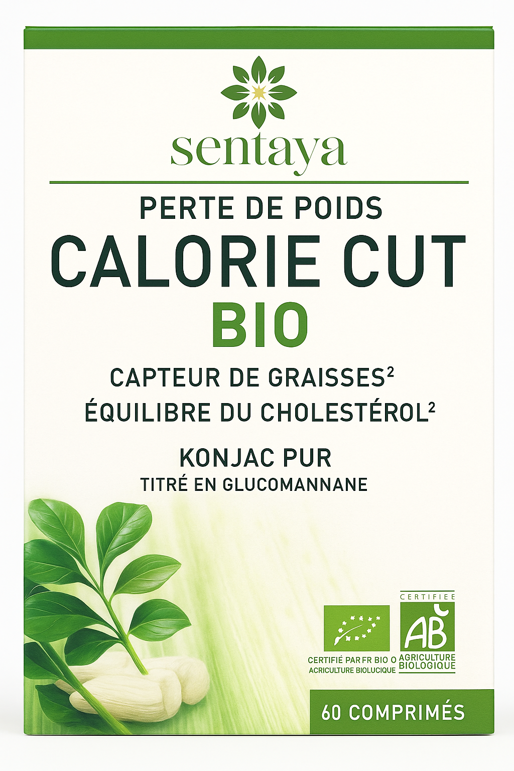 Boîte de 60 comprimés Calorie Cut Bio Sentaya à base de konjac, pour soutien minceur et réduction de l'appétit