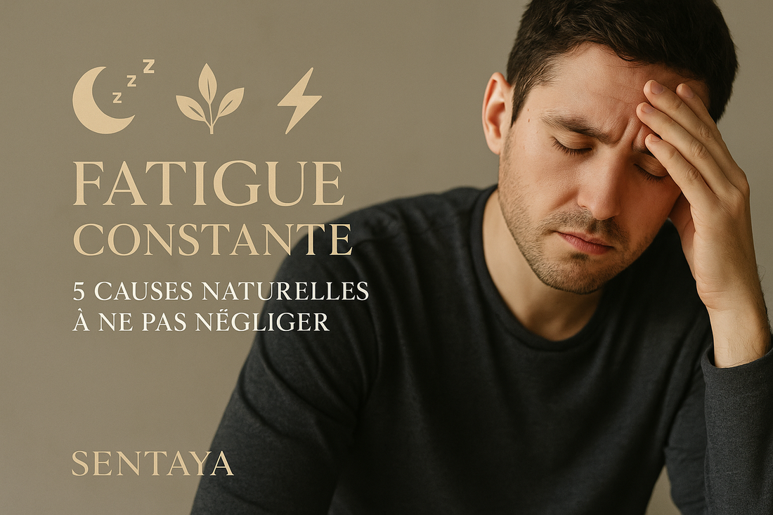 Homme fatigué en chemise sombre, yeux fermés, illustrant la fatigue chronique masculine. Visuel premium du blog Sentaya sur les causes naturelles de l’épuisement.