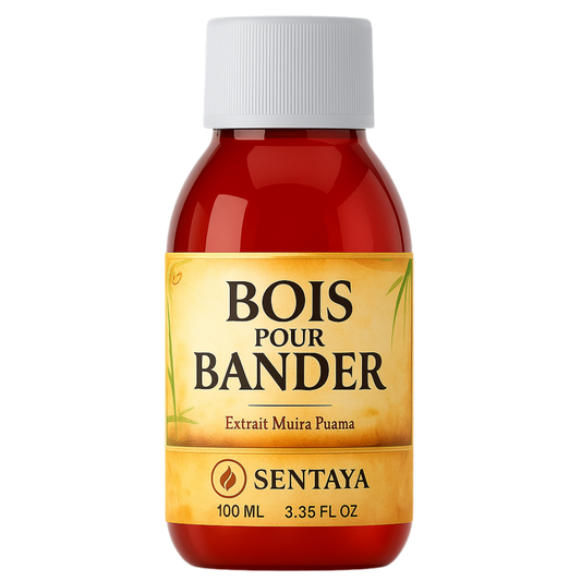 Flacon de la boisson Bois Bandé Sentaya à base de muira puama, complément naturel pour stimuler la vigueur masculine et soutenir la performance intime.