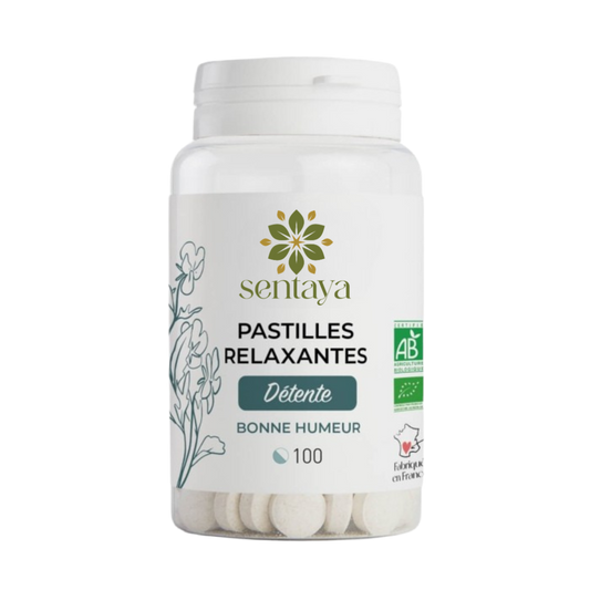 Pastilles relaxantes Sentaya – détente, bonne humeur, anti-stress naturel, bio, flacon de 100 pastilles