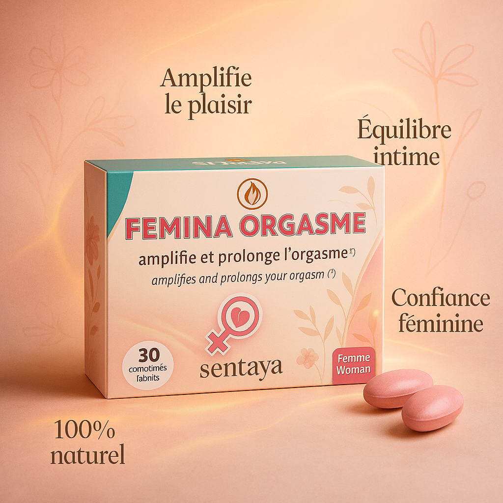 Boîte du complément naturel Femina Orgasme de la marque Sentaya, 30 comprimés pour amplifier et prolonger le plaisir féminin. Mise en scène avec fond rosé et gélules roses pour une présentation élégante et sensuelle.
