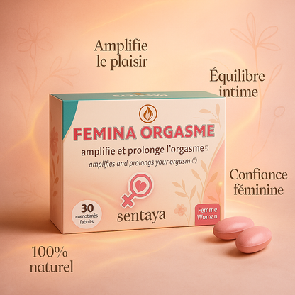 Boîte du complément naturel Femina Orgasme de la marque Sentaya, 30 comprimés pour amplifier et prolonger le plaisir féminin. Mise en scène avec fond rosé et gélules roses pour une présentation élégante et sensuelle.